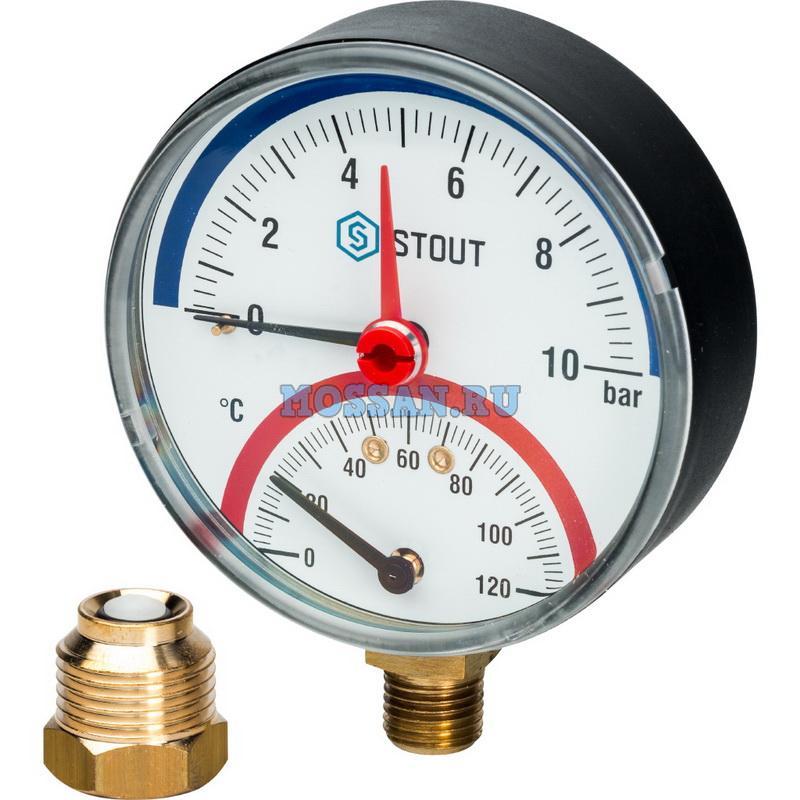 STOUT  Термоманометр радиальный в комплекте с автоматическим запорным клапаном. Корпус Dn 80 мм 1/2", 0...120°C, 0-10 бар. Термоманометры