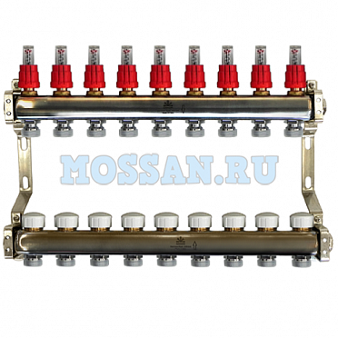Коллекторный блок для тепл.пола 1"x3/4"EU отв.-9, в комплекте