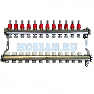 Коллекторный блок для тепл.пола 1"x3/4"EU отв.-11, в комплекте: расходомеры, термостат. клапаны, сли