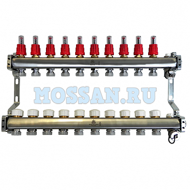 Коллекторный блок для тепл.пола 1"x3/4"EU отв.-10, в комплекте: расходомеры, термостат. клапаны, сли