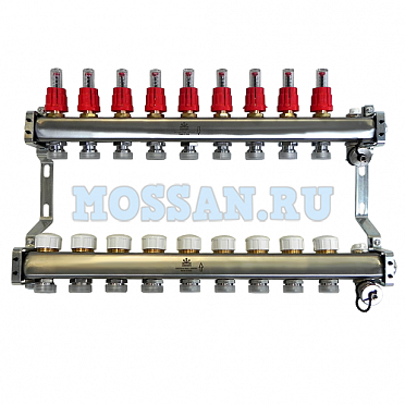 Коллекторный блок для тепл.пола 1"x3/4"EU отв.-9, в комплекте: расходомеры, термостат. клапаны, слив