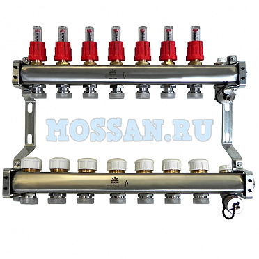 Коллекторный блок для тепл.пола 1"x3/4"EU отв.-7, в комплекте: расходомеры, термостат. клапаны, слив