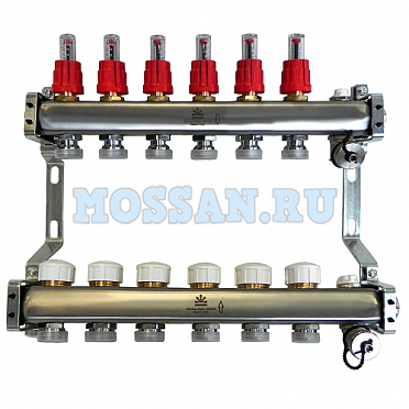 Коллекторный блок для тепл.пола 1"x3/4"EU отв.-6, в комплекте: расходомеры, термостат. клапаны, слив