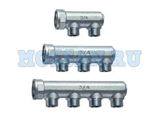 Коллектор концевой 3/4"ВР с 2 отвод. 1/2"НР, межосев.36мм